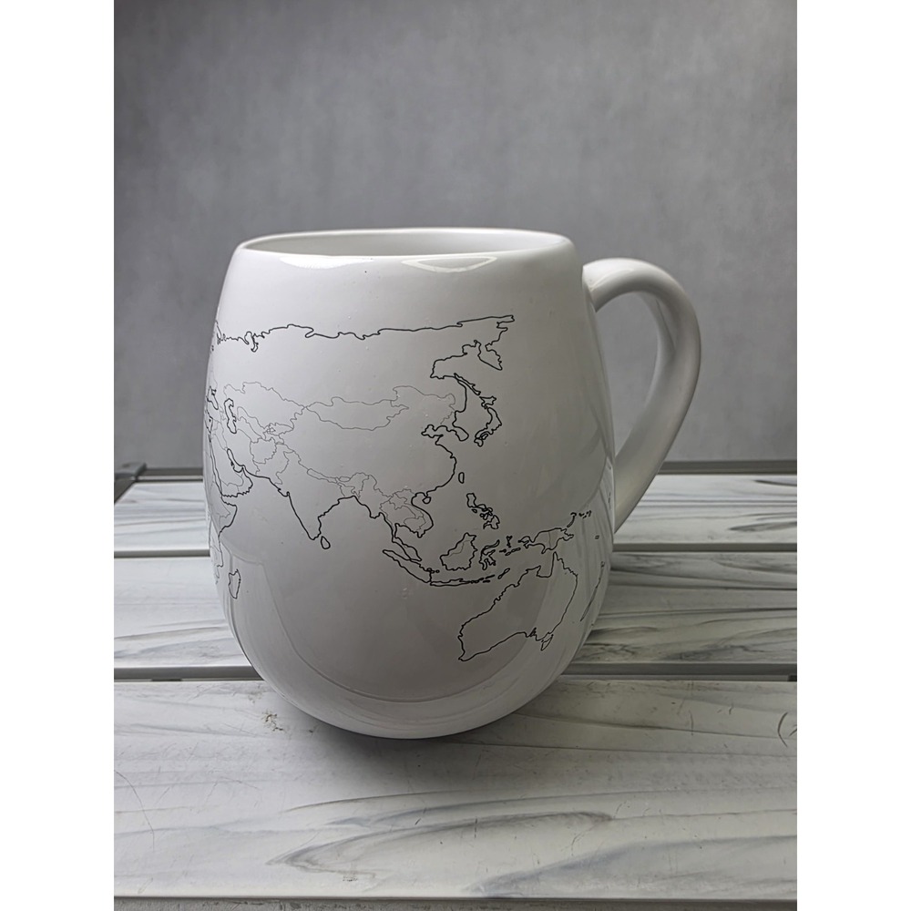 Trouvaille Designed White Etched World Global Travel Map Coffee Tea Mug Cup